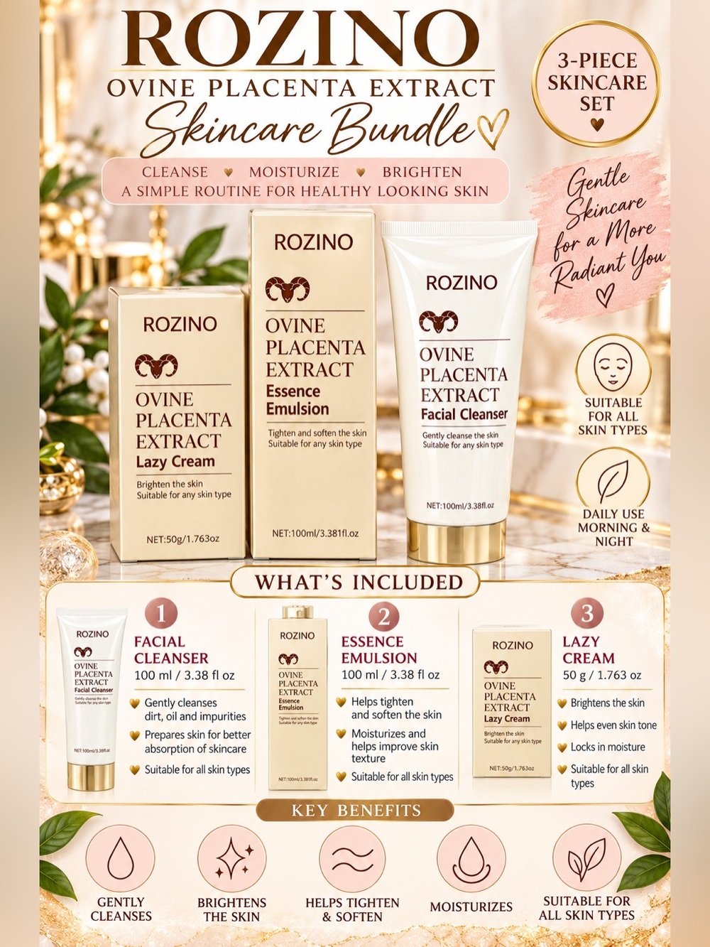 ROZINO Ovine Placenta Extract 3-Piece Skincare Set NWT | Cleanser Cream Essence